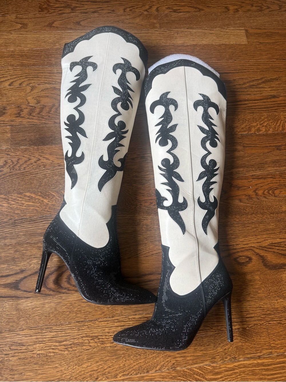 INC International Concepts White and Black Embellished Knee-High Stiletto Boots